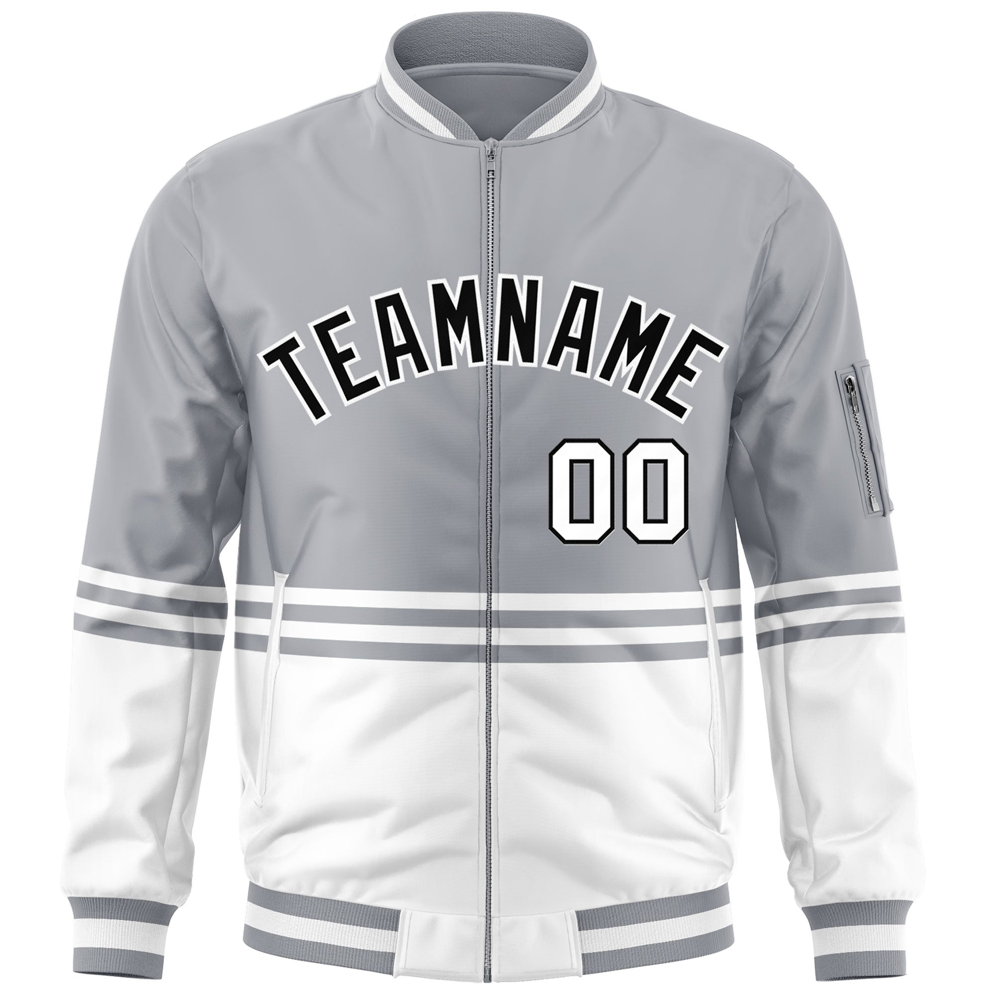 Custom Gray Black-White Varsity Full-Zip Color Block Letterman Bomber Jacket