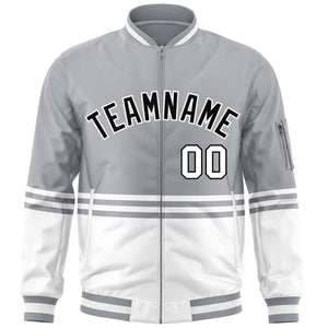 Custom Gray Black-White Varsity Full-Zip Color Block Letterman Bomber Jacket