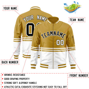 Custom Old Gold Black-White Varsity Full-Zip Color Block Letterman Bomber Jacket