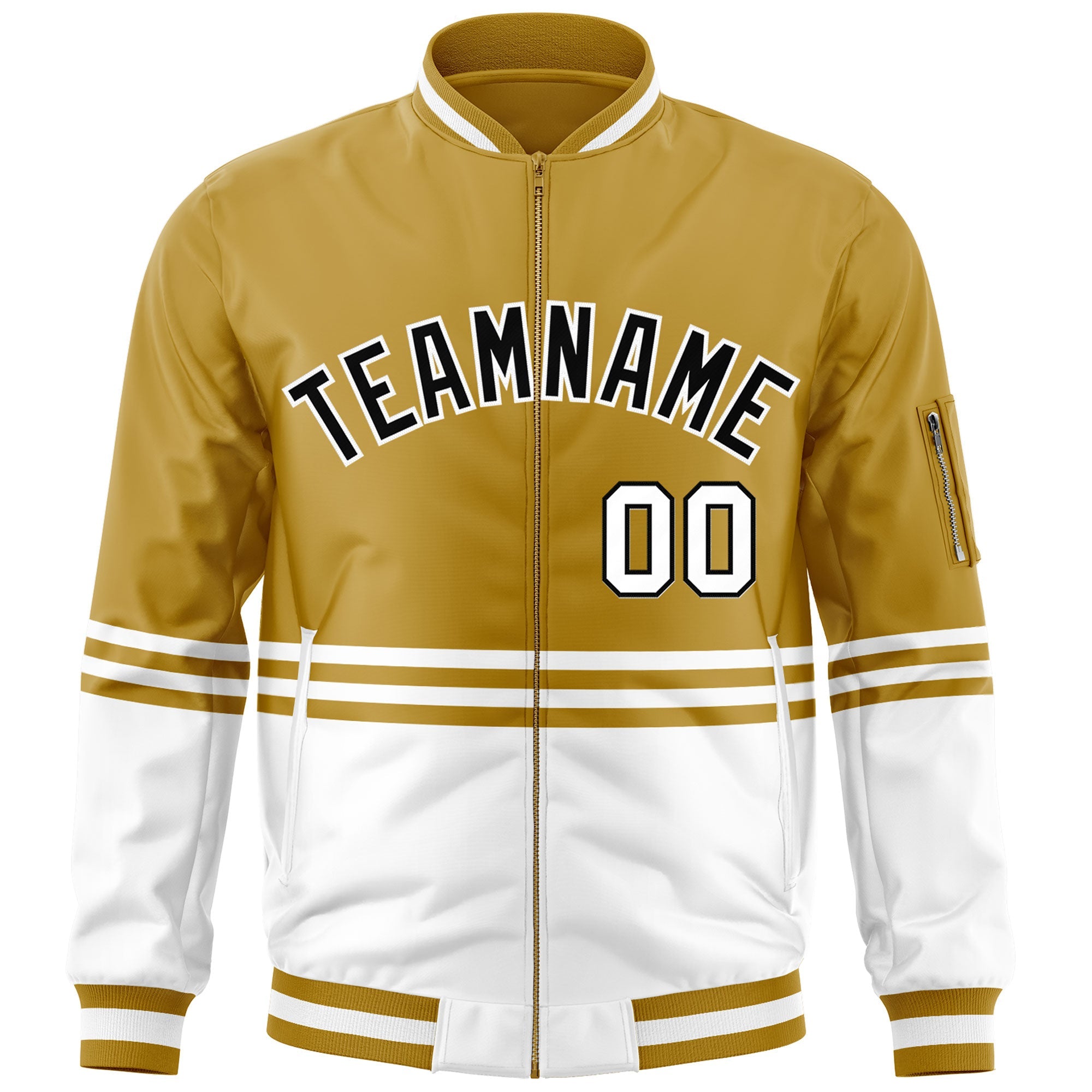 Custom Old Gold Black-White Varsity Full-Zip Color Block Letterman Bomber Jacket