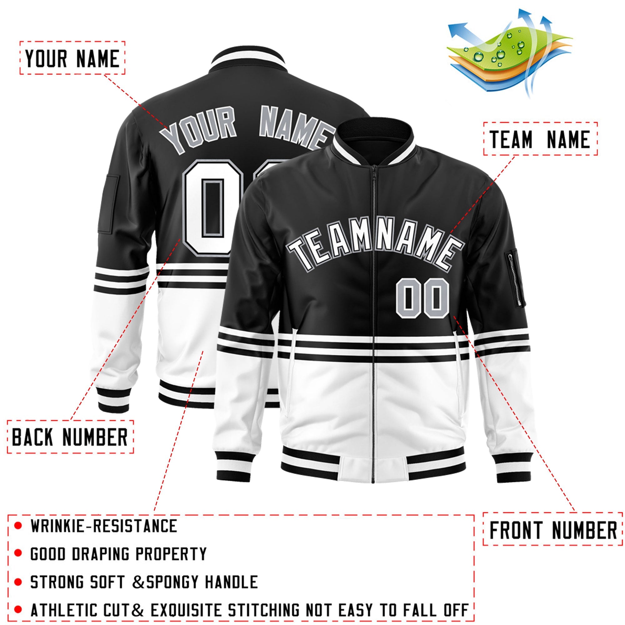 Custom Black White-Black Varsity Full-Zip Color Block Letterman Bomber Jacket