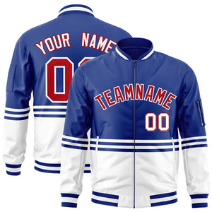 Custom Royal Red-White Varsity Full-Zip Color Block Letterman Bomber Jacket