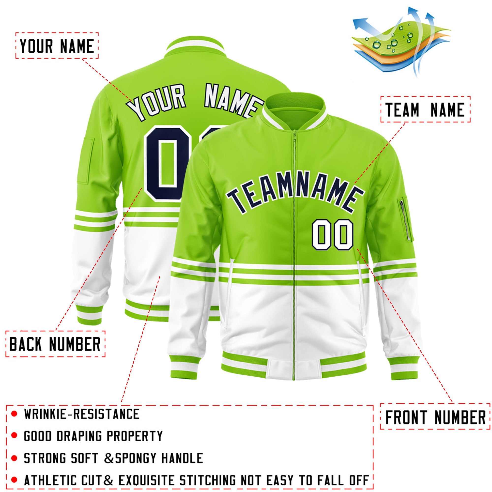 Custom Neon Green Navy-White Varsity Full-Zip Color Block Letterman Bomber Jacket