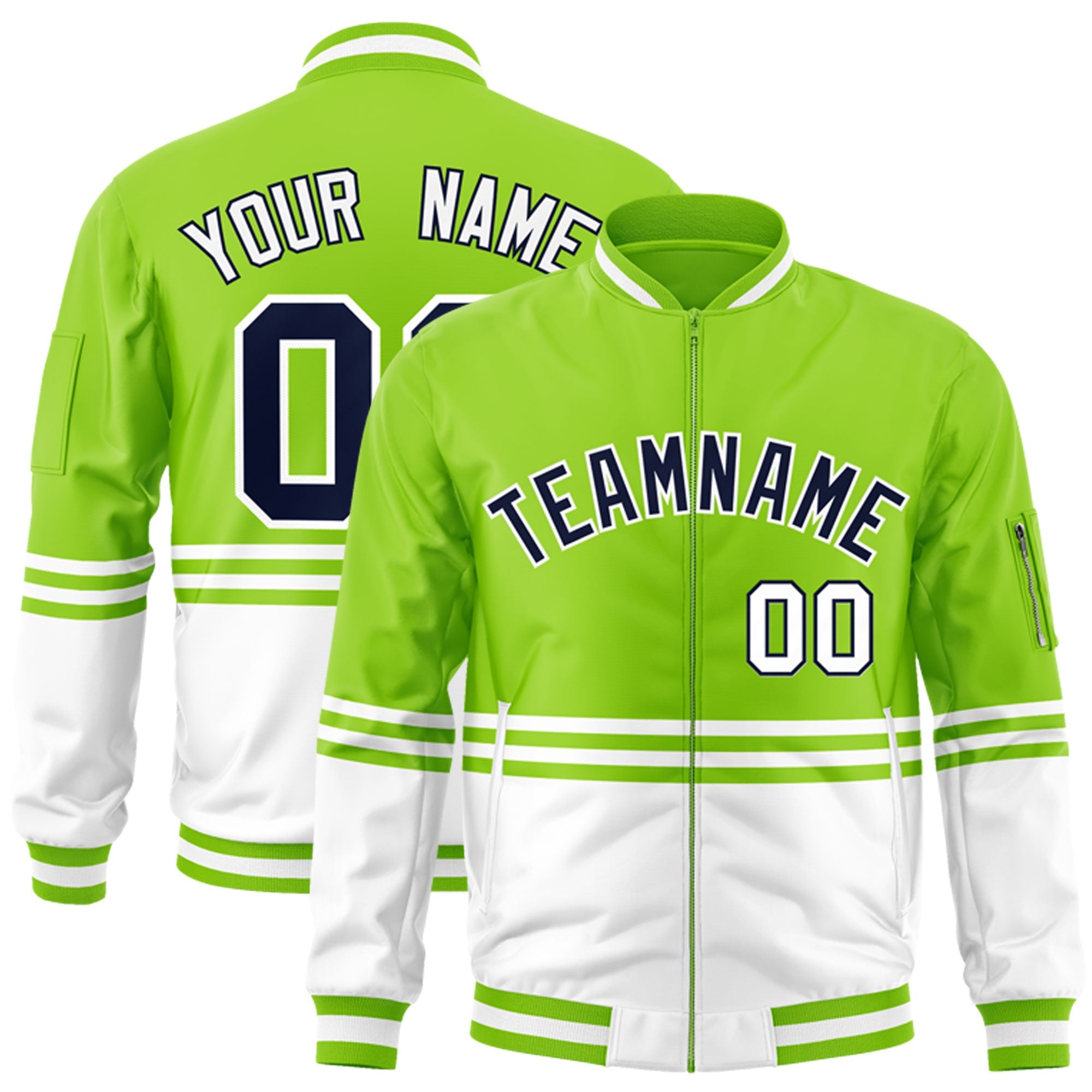 Custom Neon Green Navy-White Varsity Full-Zip Color Block Letterman Bomber Jacket