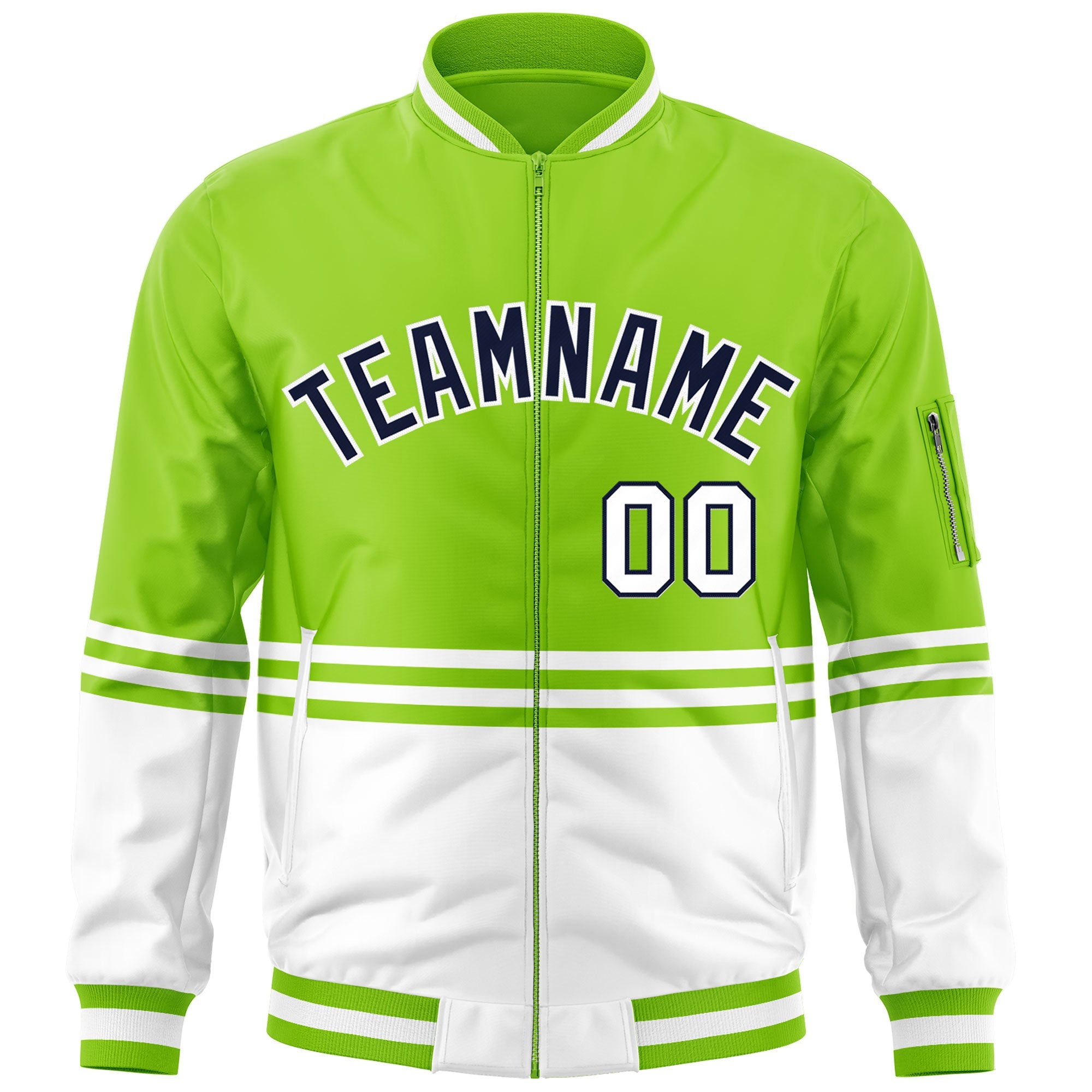 Custom Neon Green Navy-White Varsity Full-Zip Color Block Letterman Bomber Jacket