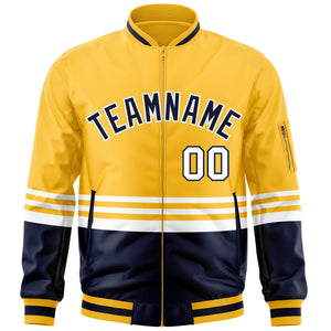 Custom Gold Navy-White Varsity Full-Zip Color Block Letterman Bomber Jacket