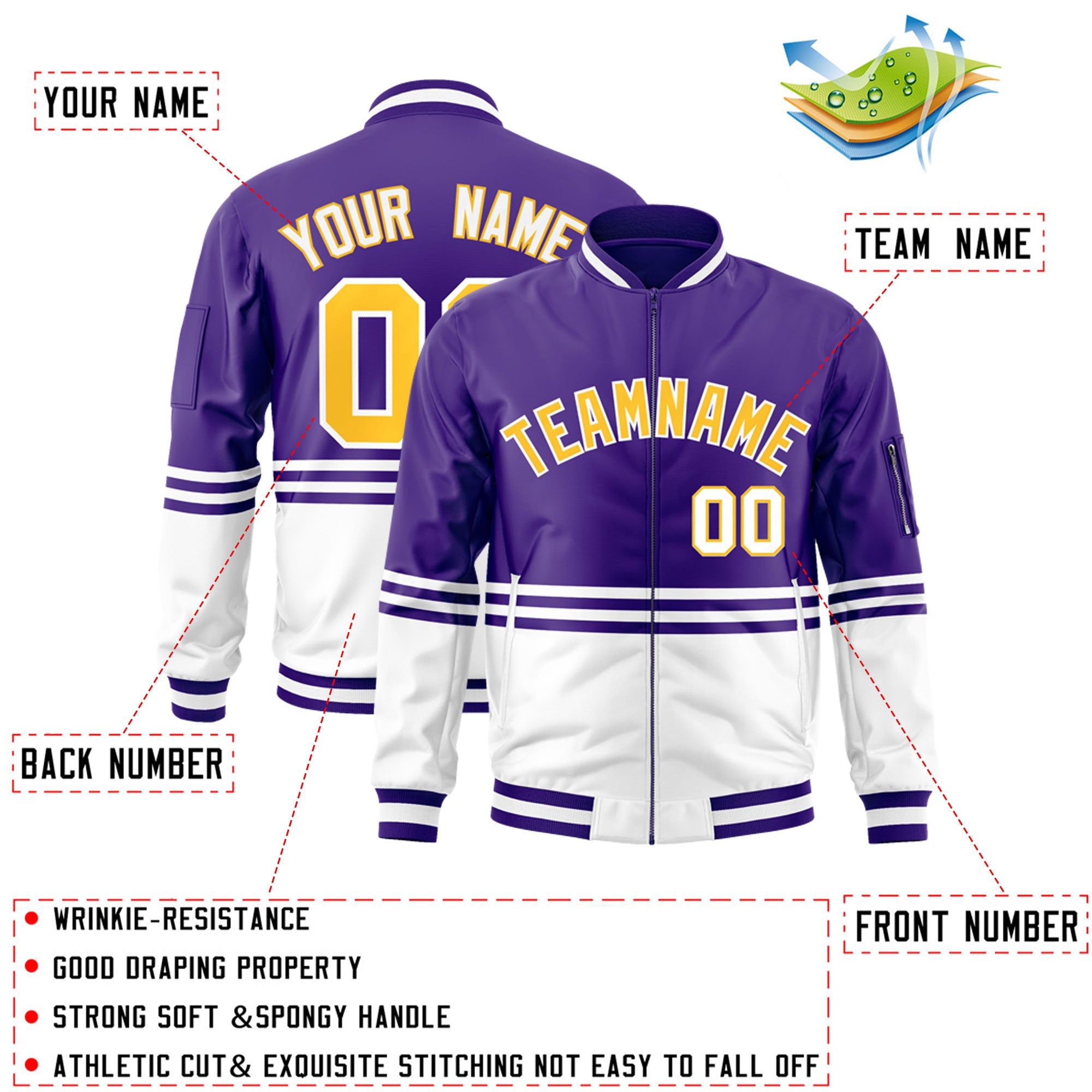 Custom Purple Gold-White Varsity Full-Zip Color Block Letterman Bomber Jacket