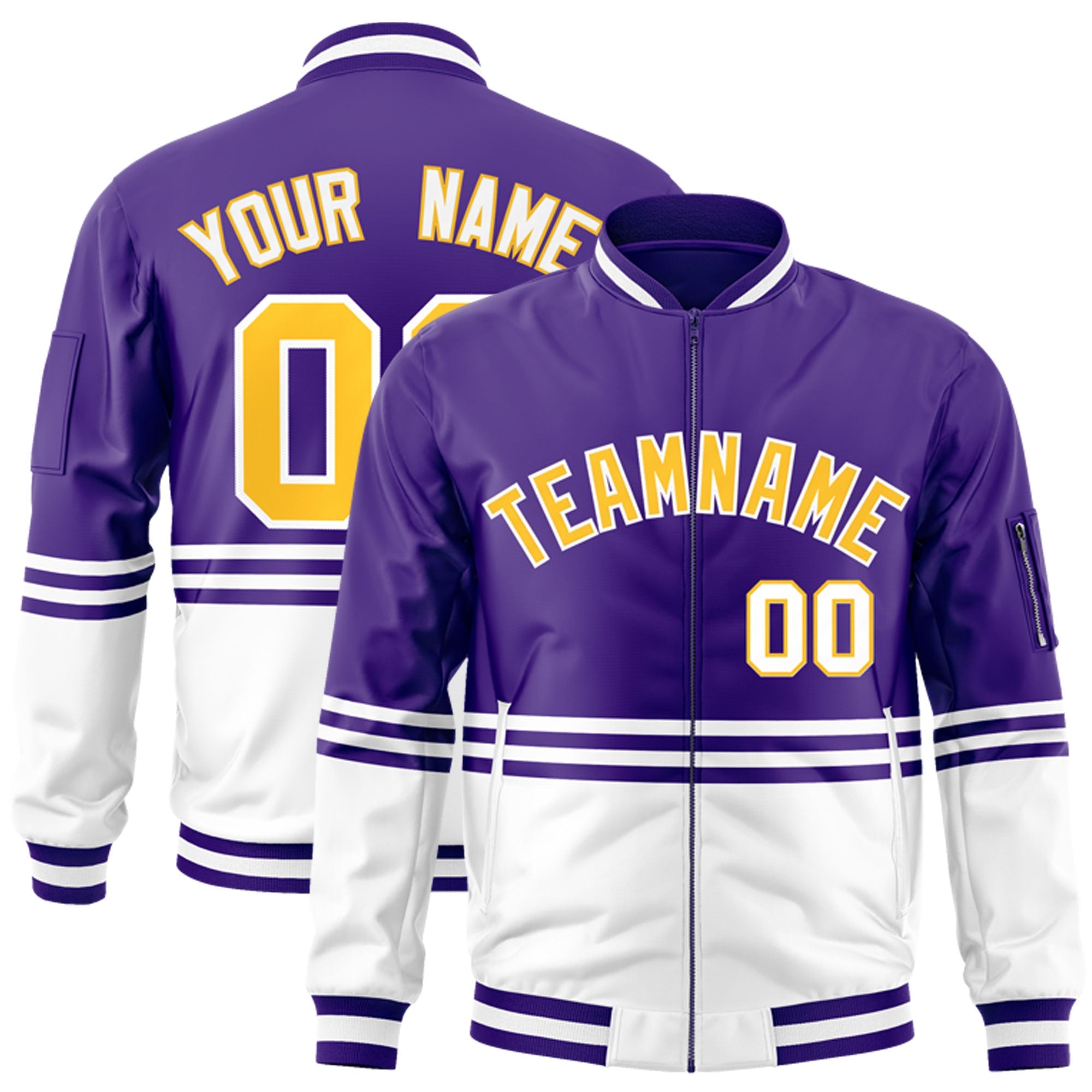 Custom Purple Gold-White Varsity Full-Zip Color Block Letterman Bomber Jacket