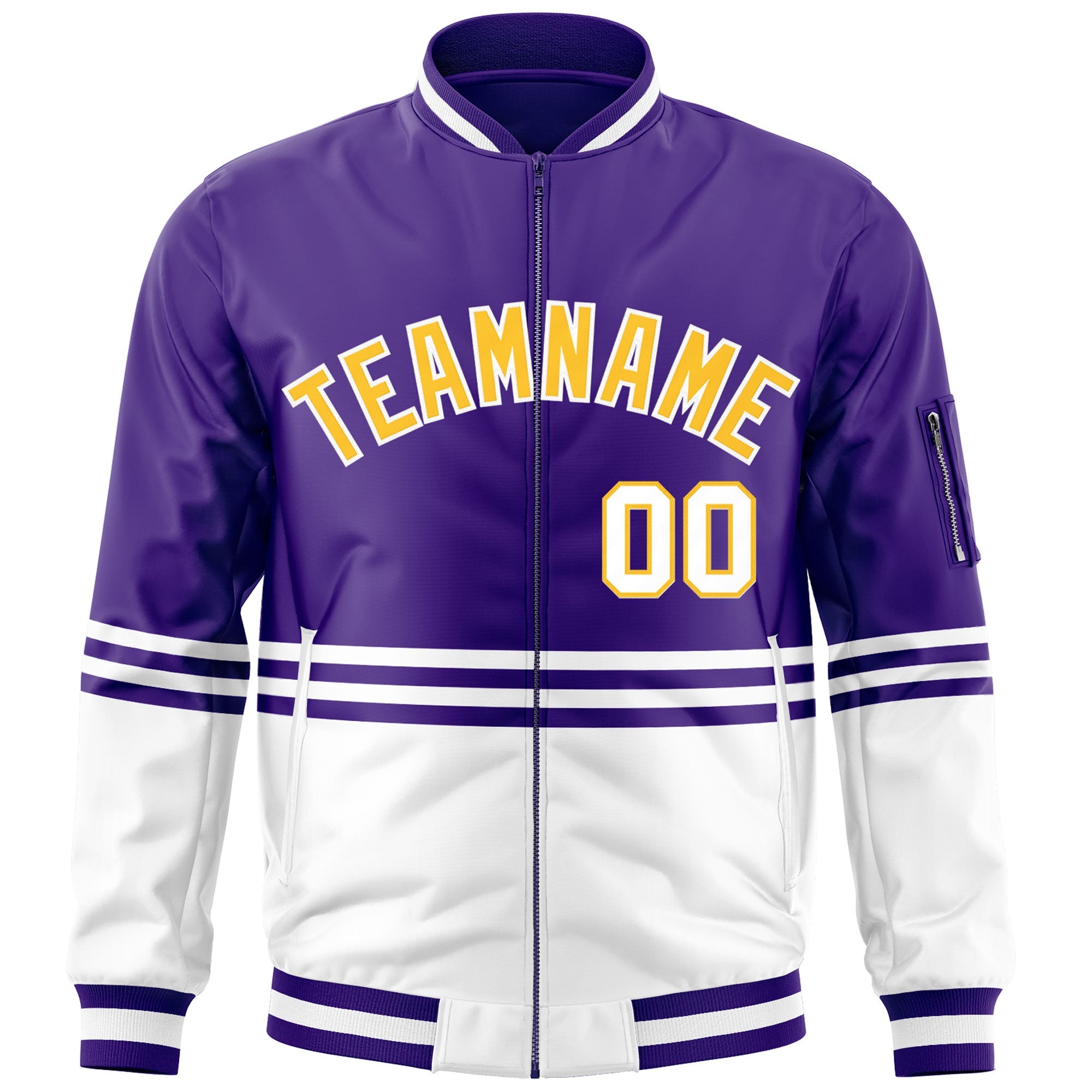 Custom Purple Gold-White Varsity Full-Zip Color Block Letterman Bomber Jacket