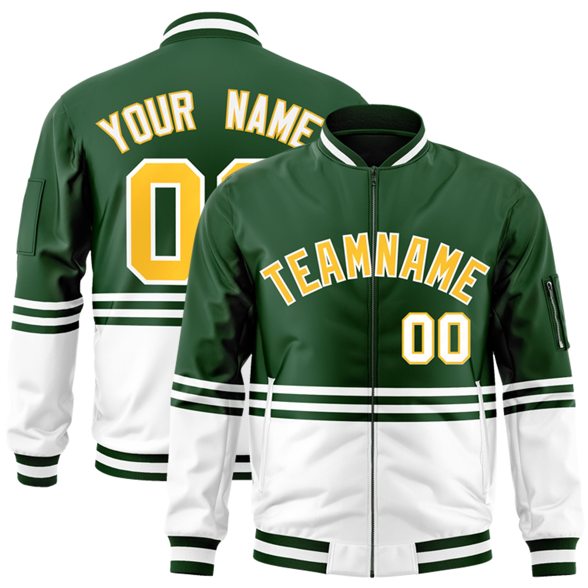 Custom Green Gold-White Varsity Full-Zip Color Block Letterman Bomber Jacket