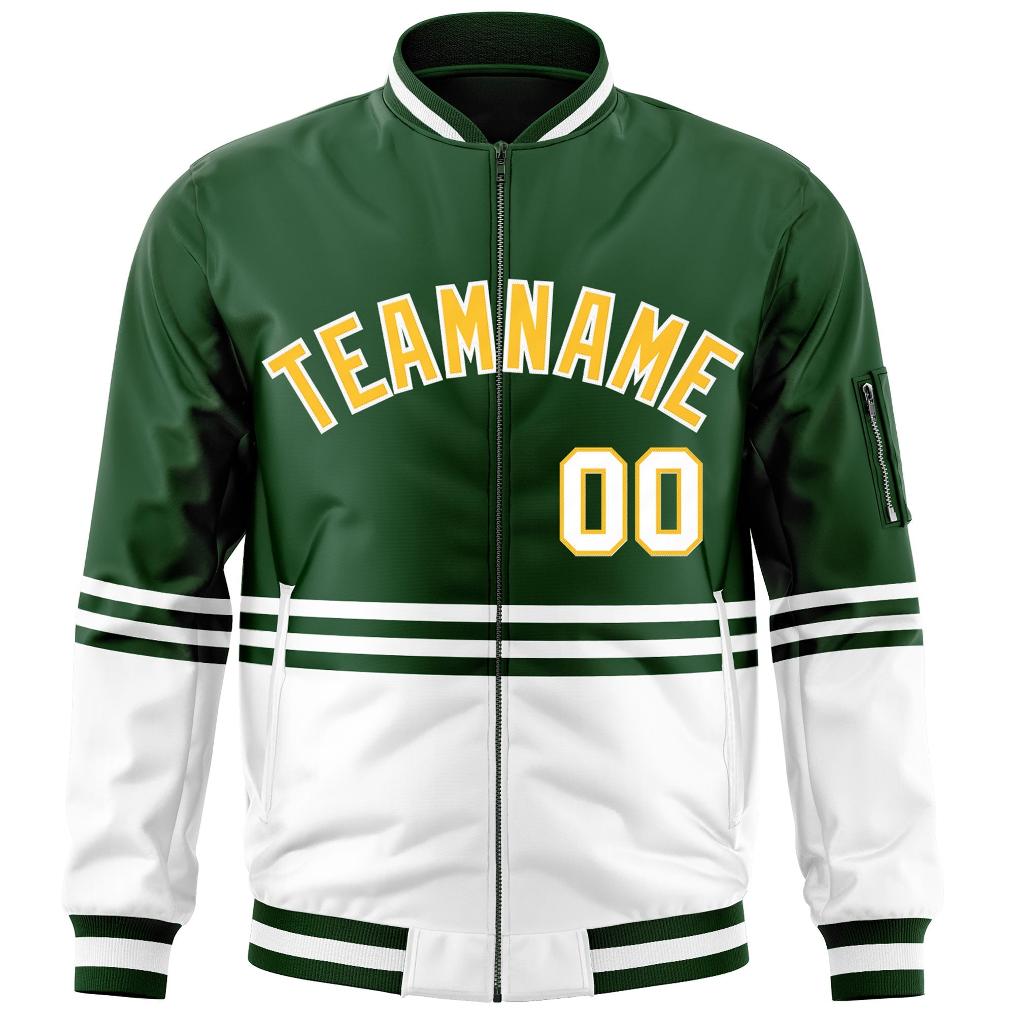 Custom Green Gold-White Varsity Full-Zip Color Block Letterman Bomber Jacket