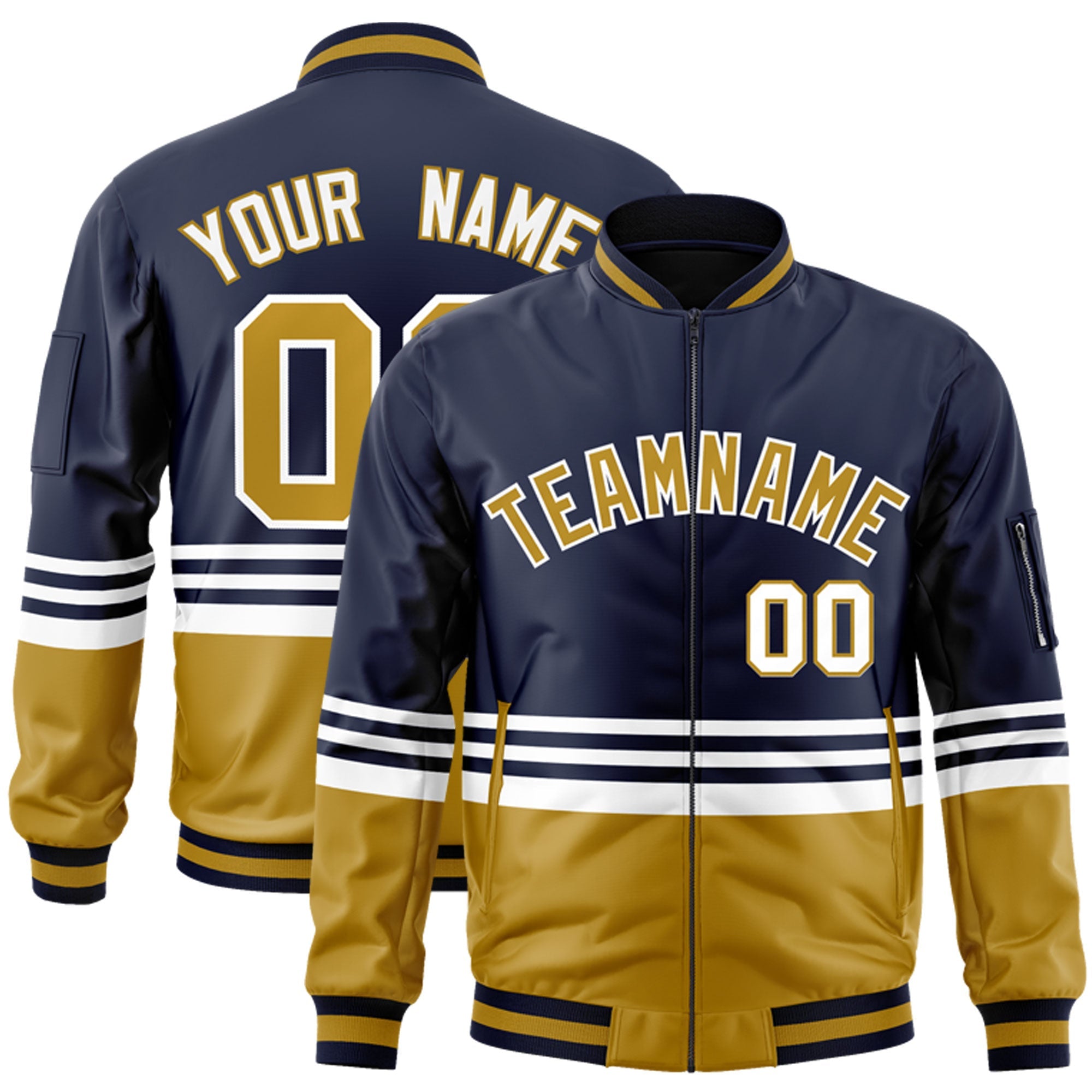 Custom Navy Old Gold-White Varsity Full-Zip Color Block Letterman Bomber Jacket