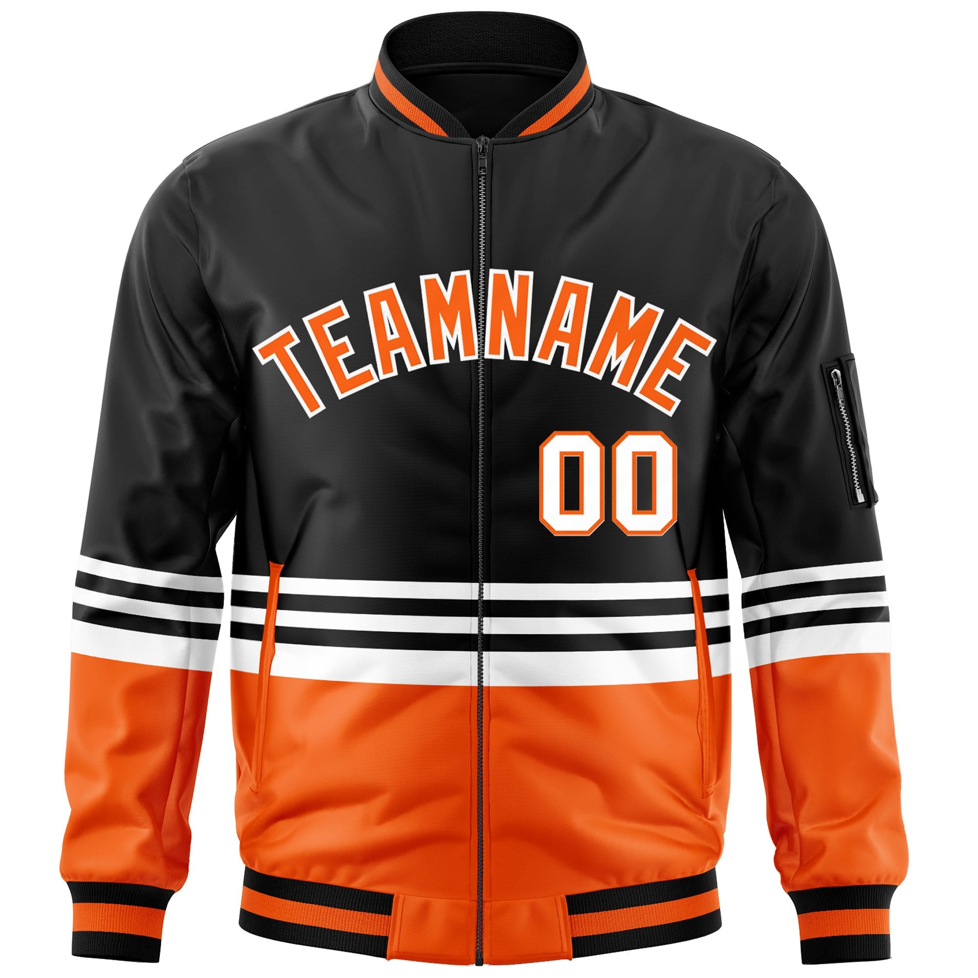 Custom Black Orange-White Varsity Full-Zip Color Block Letterman Bomber Jacket