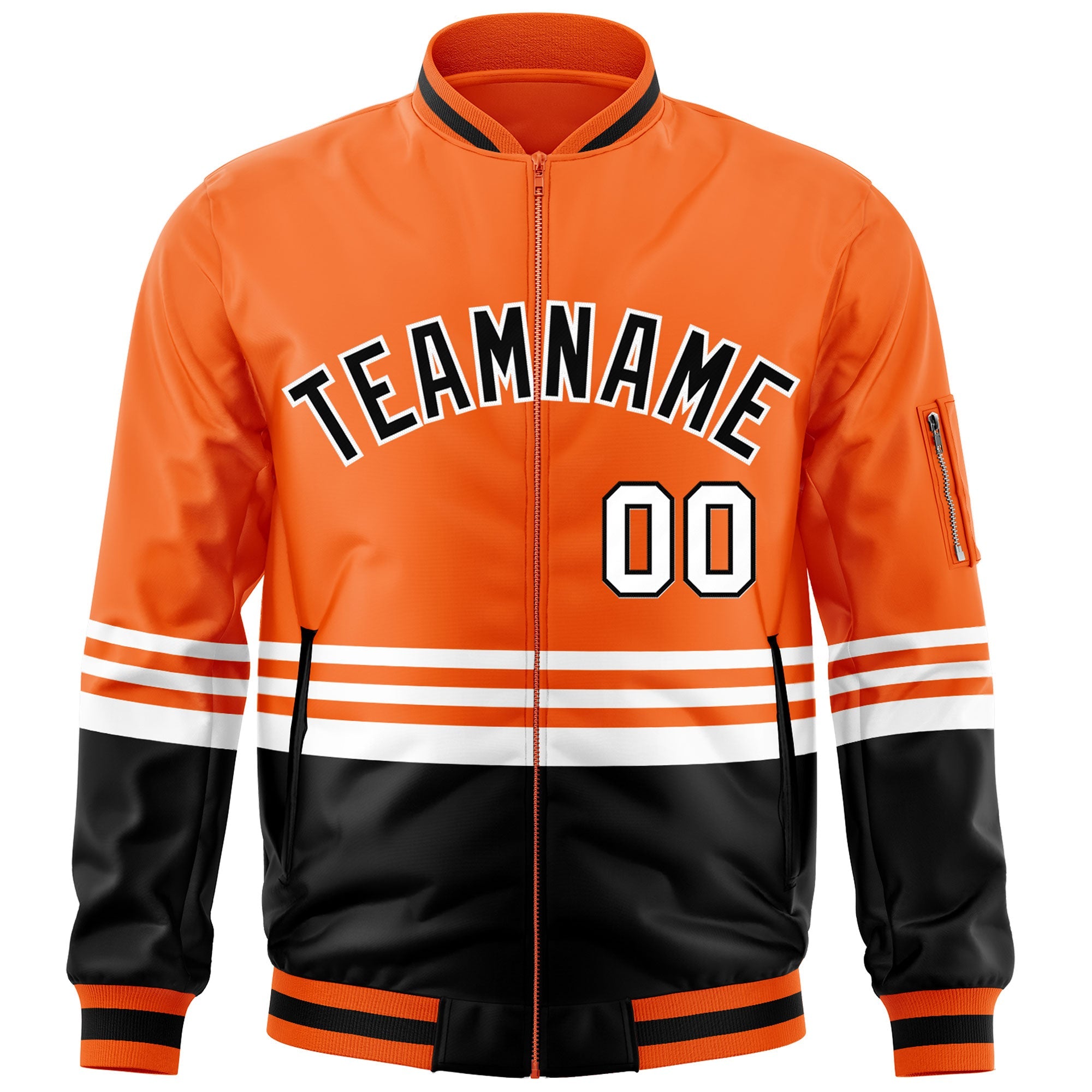 Custom Orange Black-White Varsity Full-Zip Color Block Letterman Bomber Jacket