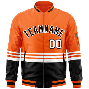 Custom Orange Black-White Varsity Full-Zip Color Block Letterman Bomber Jacket