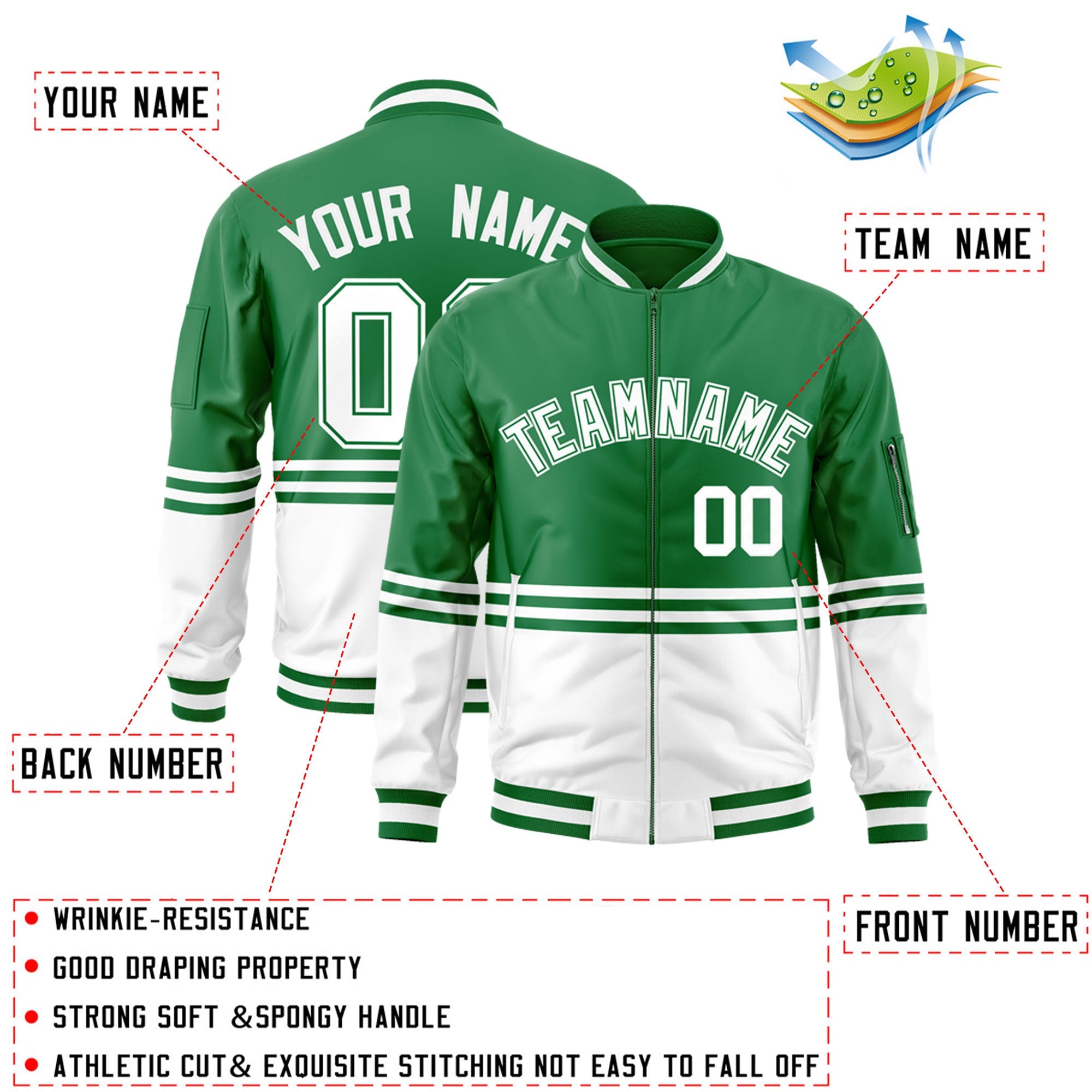 Custom Kelly Green White Varsity Full-Zip Color Block Letterman Bomber Jacket