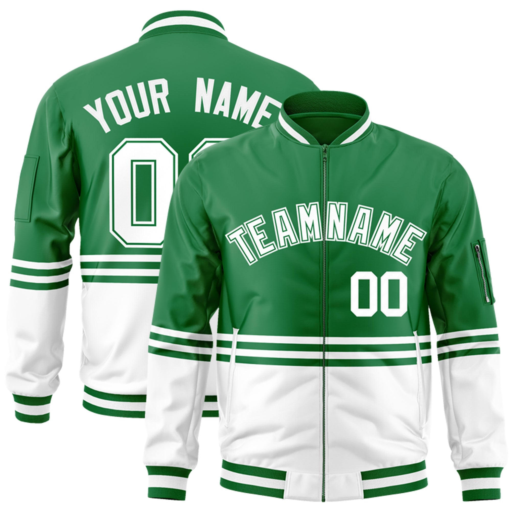 Custom Kelly Green White Varsity Full-Zip Color Block Letterman Bomber Jacket