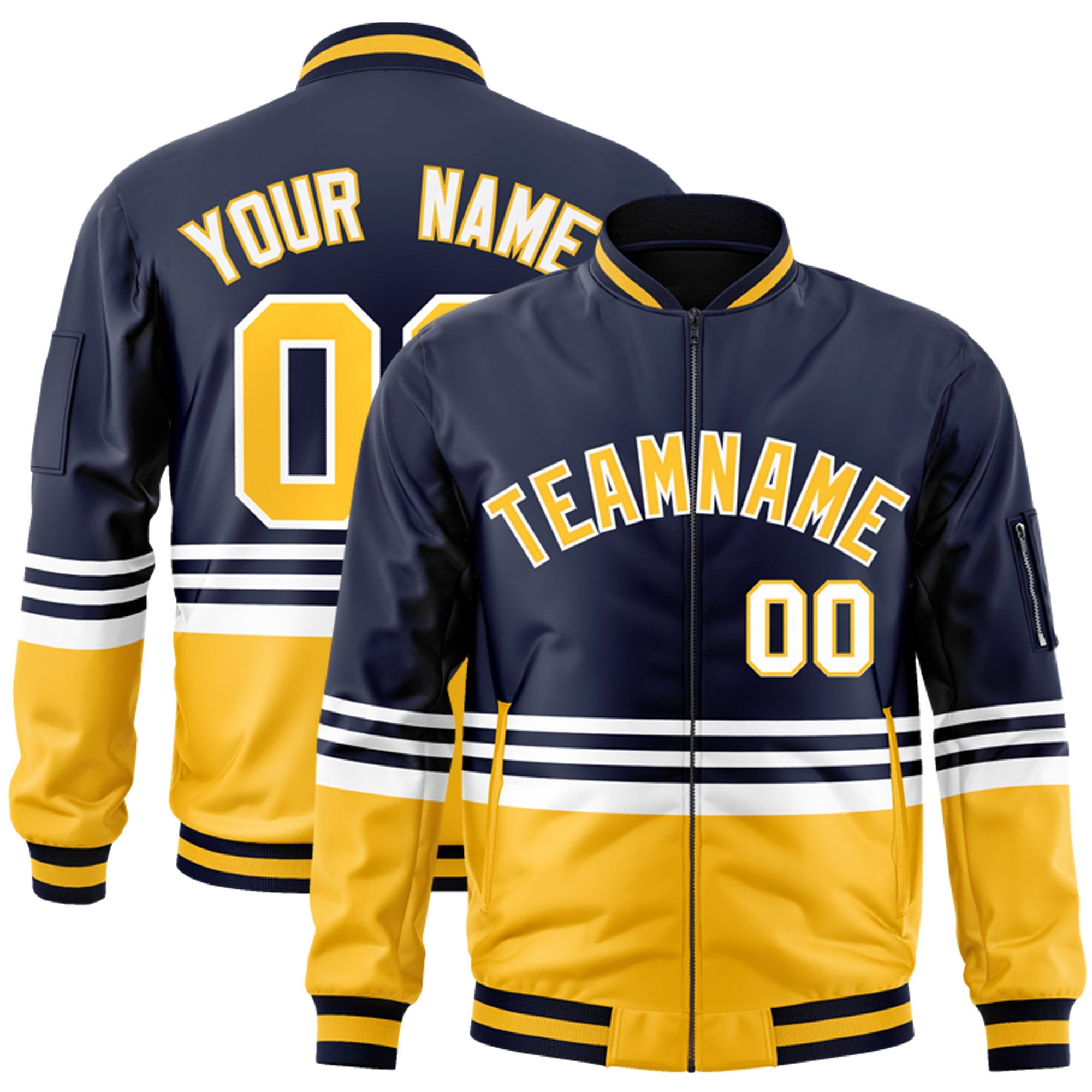 Custom Navy Gold-White Varsity Full-Zip Color Block Letterman Bomber Jacket