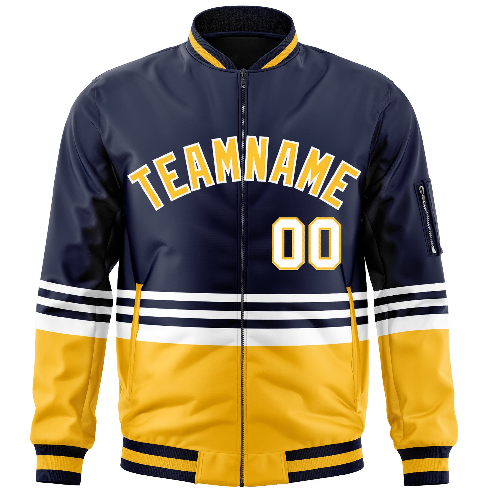 Custom Navy Gold-White Varsity Full-Zip Color Block Letterman Bomber Jacket