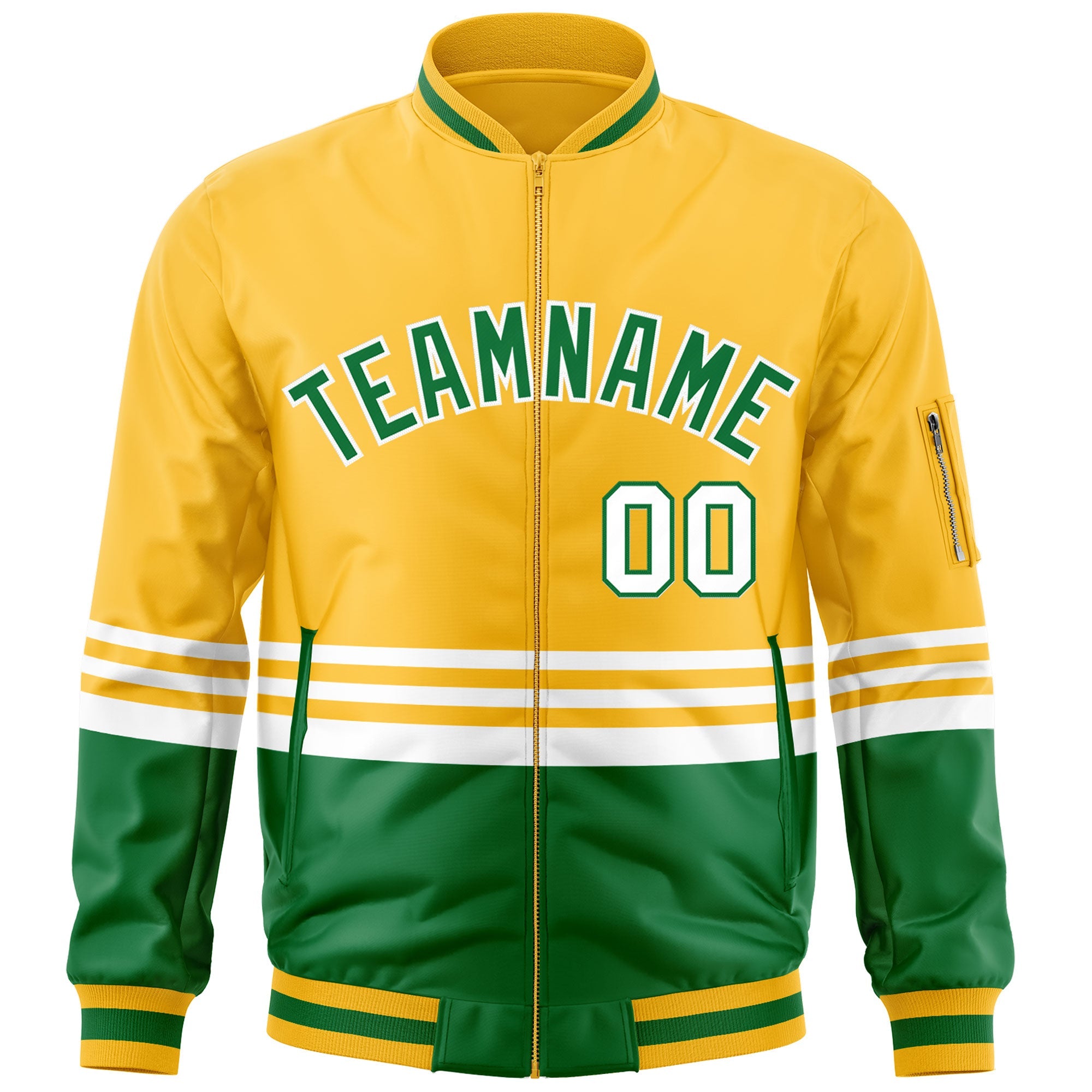 Custom Gold Kelly Green-White Varsity Full-Zip Color Block Letterman Bomber Jacket