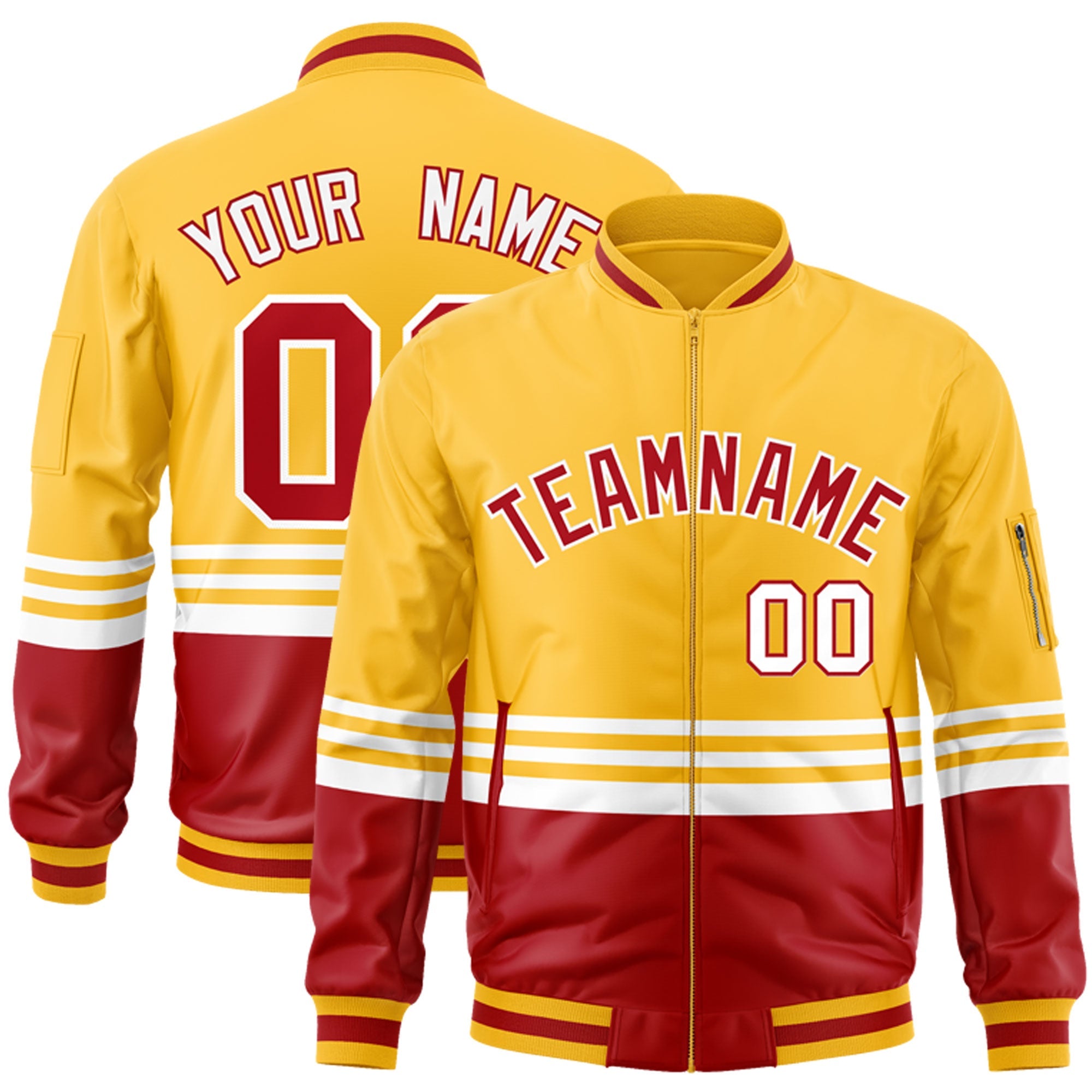 Custom Gold Red-White Varsity Full-Zip Color Block Letterman Bomber Jacket