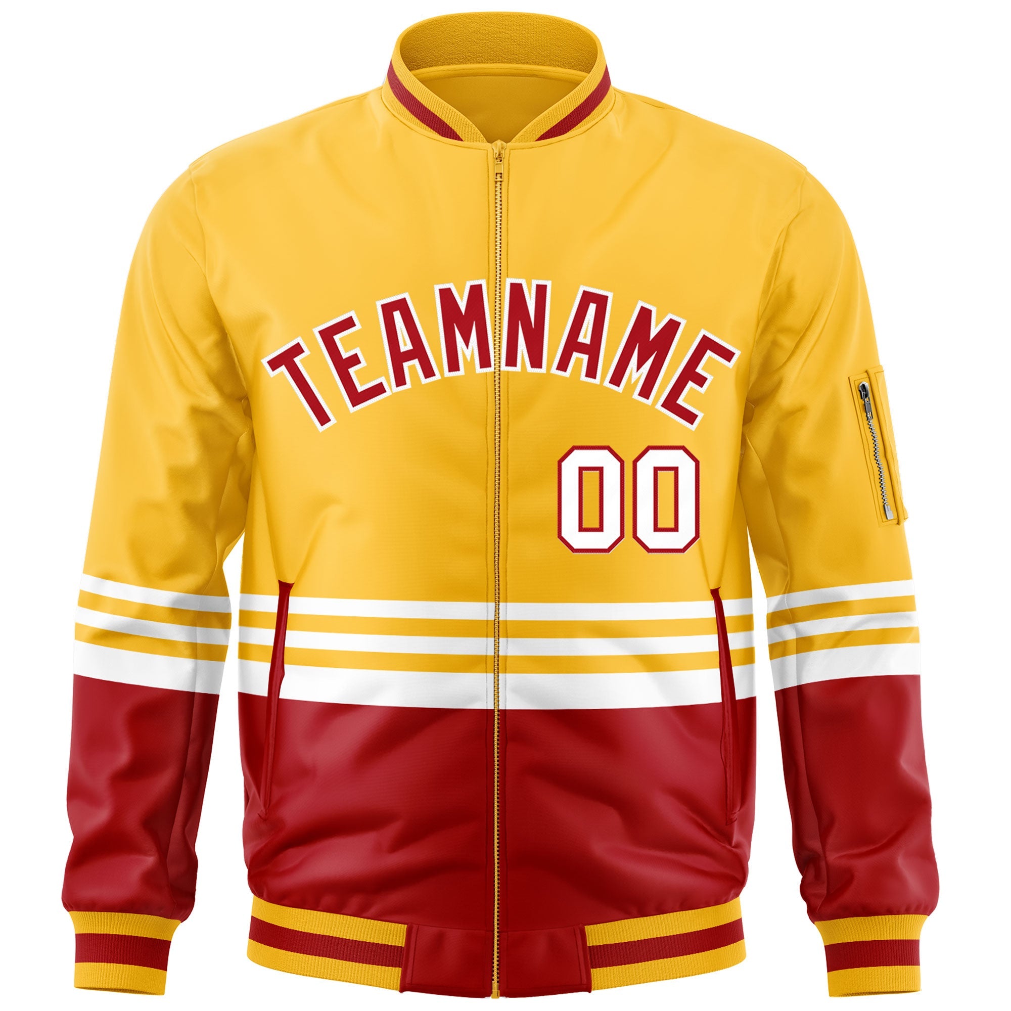 Custom Gold Red-White Varsity Full-Zip Color Block Letterman Bomber Jacket