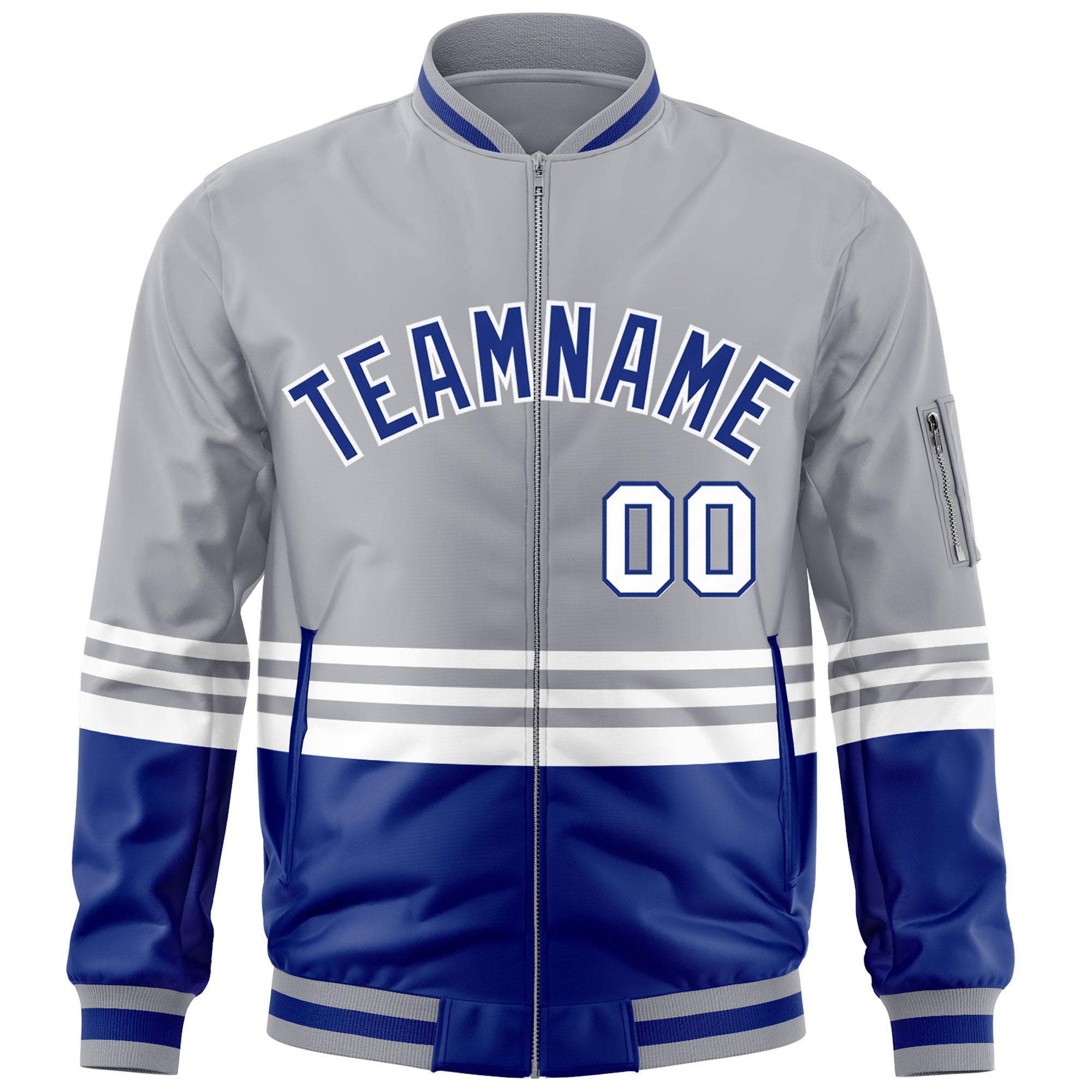 Custom Gray Royal-White Varsity Full-Zip Color Block Letterman Bomber Jacket