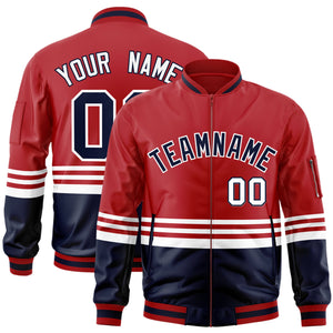 Custom Red Navy-White Varsity Full-Zip Color Block Letterman Bomber Jacket