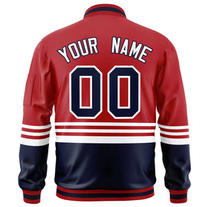 Custom Red Navy-White Varsity Full-Zip Color Block Letterman Bomber Jacket