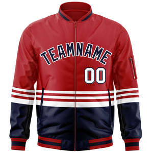 Custom Red Navy-White Varsity Full-Zip Color Block Letterman Bomber Jacket