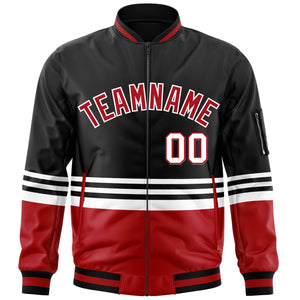 Custom Black Red-White Varsity Full-Zip Color Block Letterman Bomber Jacket