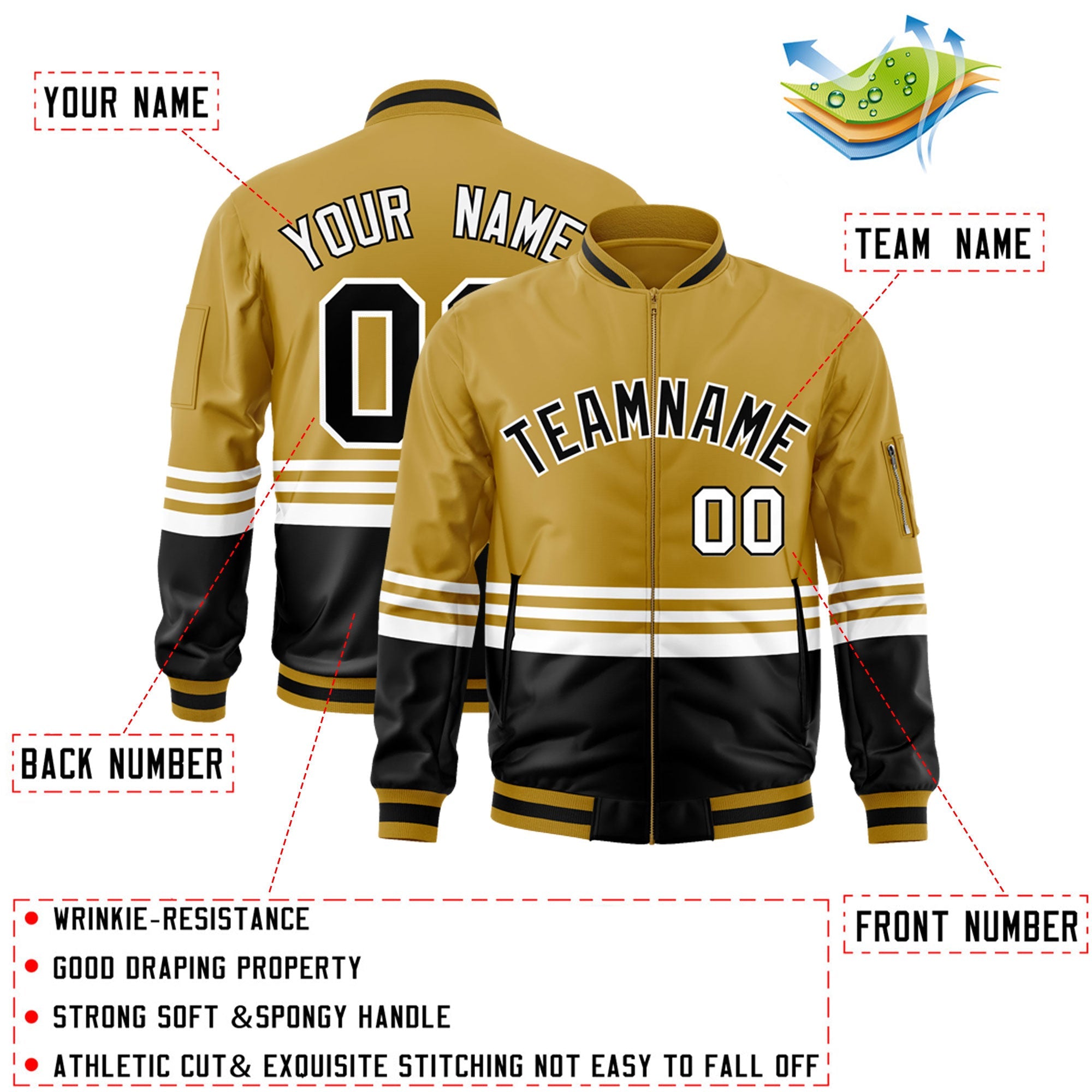 Custom Old Gold Black-White Varsity Full-Zip Color Block Letterman Bomber Jacket