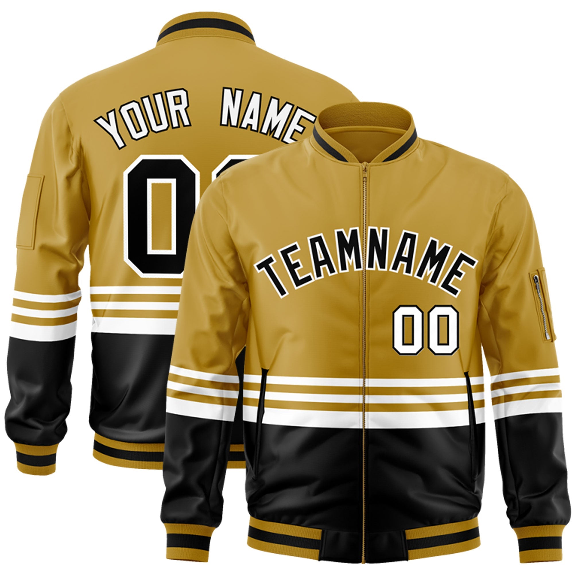 Custom Old Gold Black-White Varsity Full-Zip Color Block Letterman Bomber Jacket