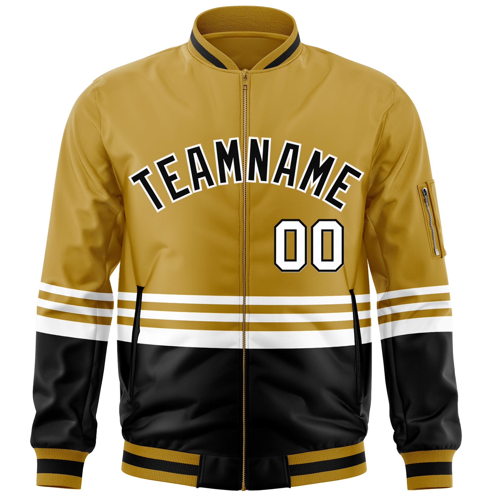 Custom Old Gold Black-White Varsity Full-Zip Color Block Letterman Bomber Jacket