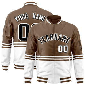 Custom Brown Black-White Varsity Full-Zip Color Block Letterman Bomber Jacket