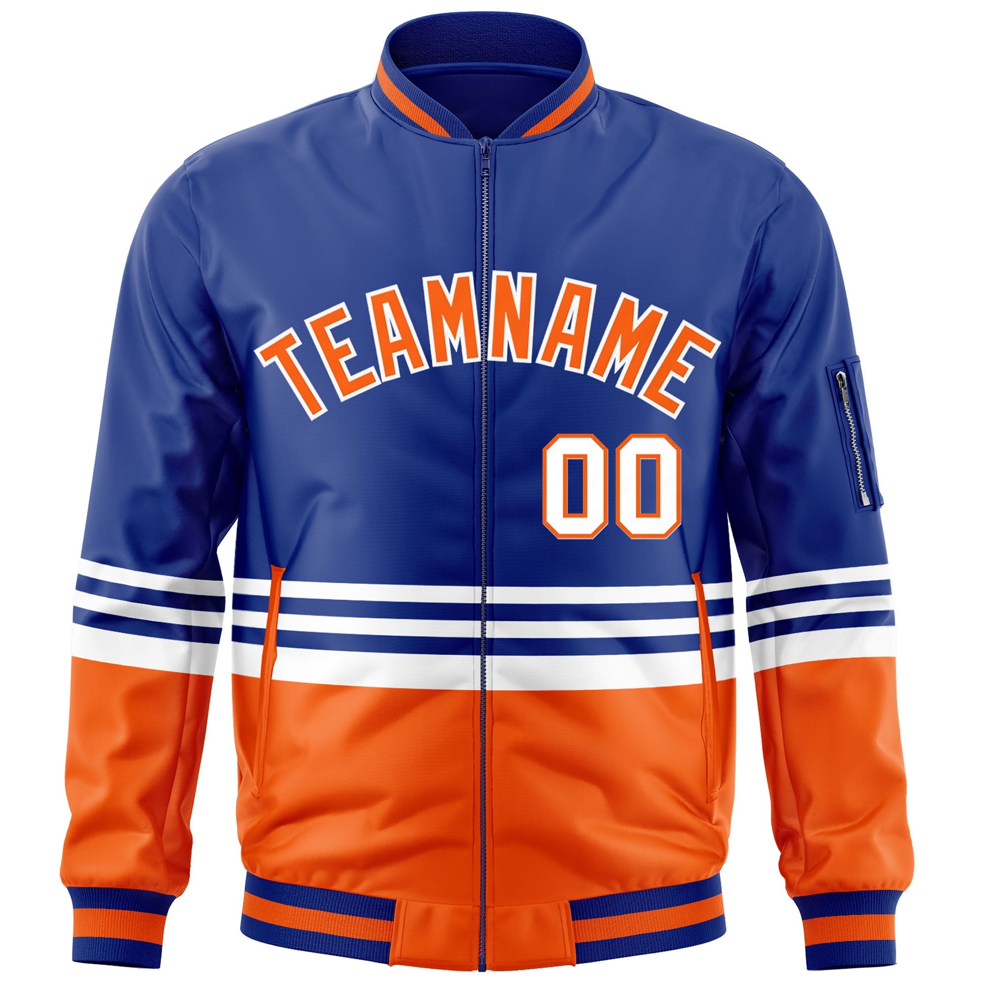 Custom Royal Orange-White Varsity Full-Zip Color Block Letterman Bomber Jacket