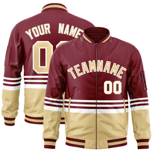 Custom Crimson Khaki-White Varsity Full-Zip Color Block Letterman Bomber Jacket