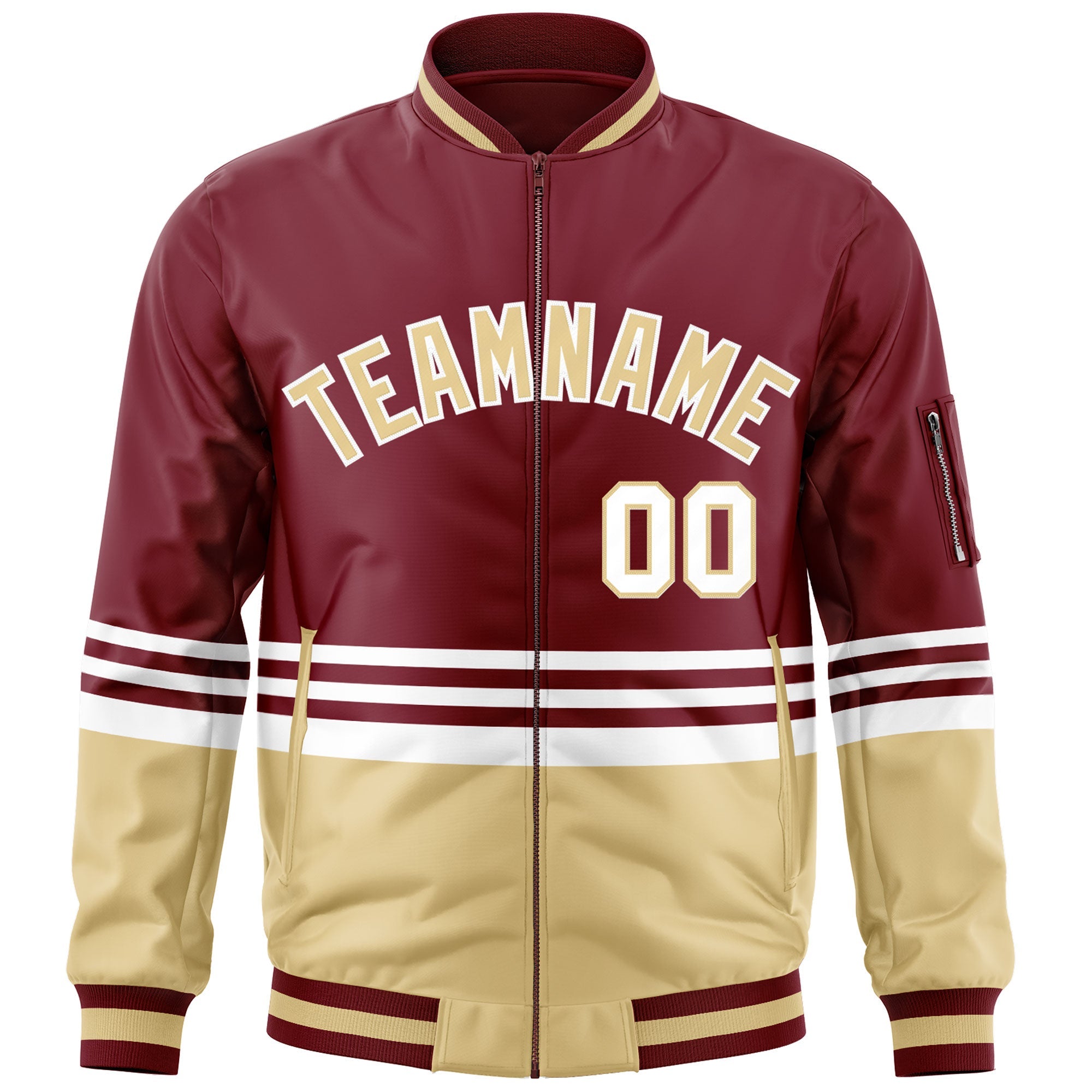 Custom Crimson Khaki-White Varsity Full-Zip Color Block Letterman Bomber Jacket