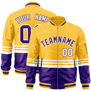 Custom Gold Purple-White Varsity Full-Zip Color Block Letterman Bomber Jacket