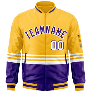 Custom Gold Purple-White Varsity Full-Zip Color Block Letterman Bomber Jacket