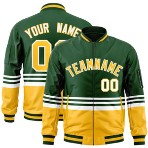 Custom Green Gold-White Varsity Full-Zip Color Block Letterman Bomber Jacket