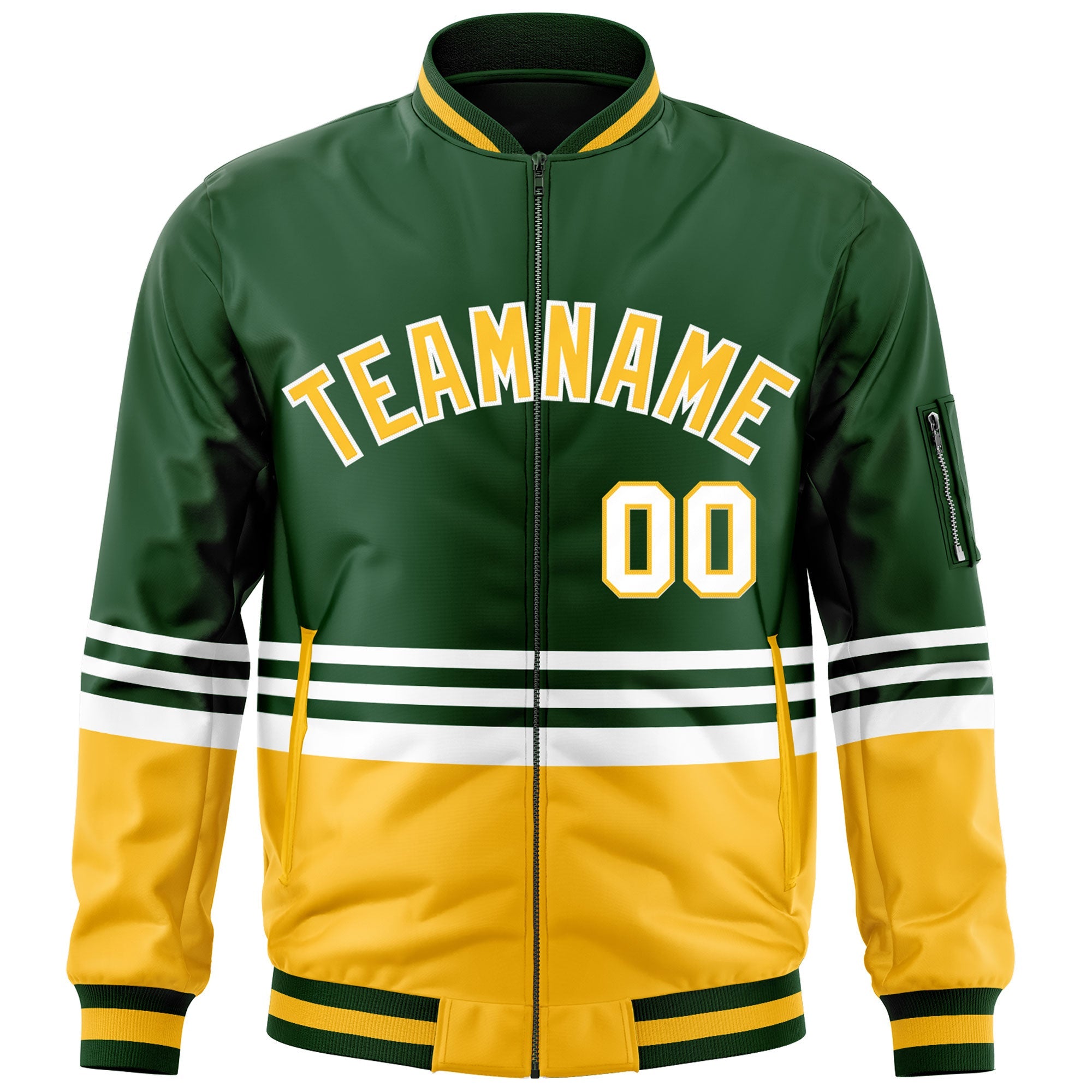 Custom Green Gold-White Varsity Full-Zip Color Block Letterman Bomber Jacket