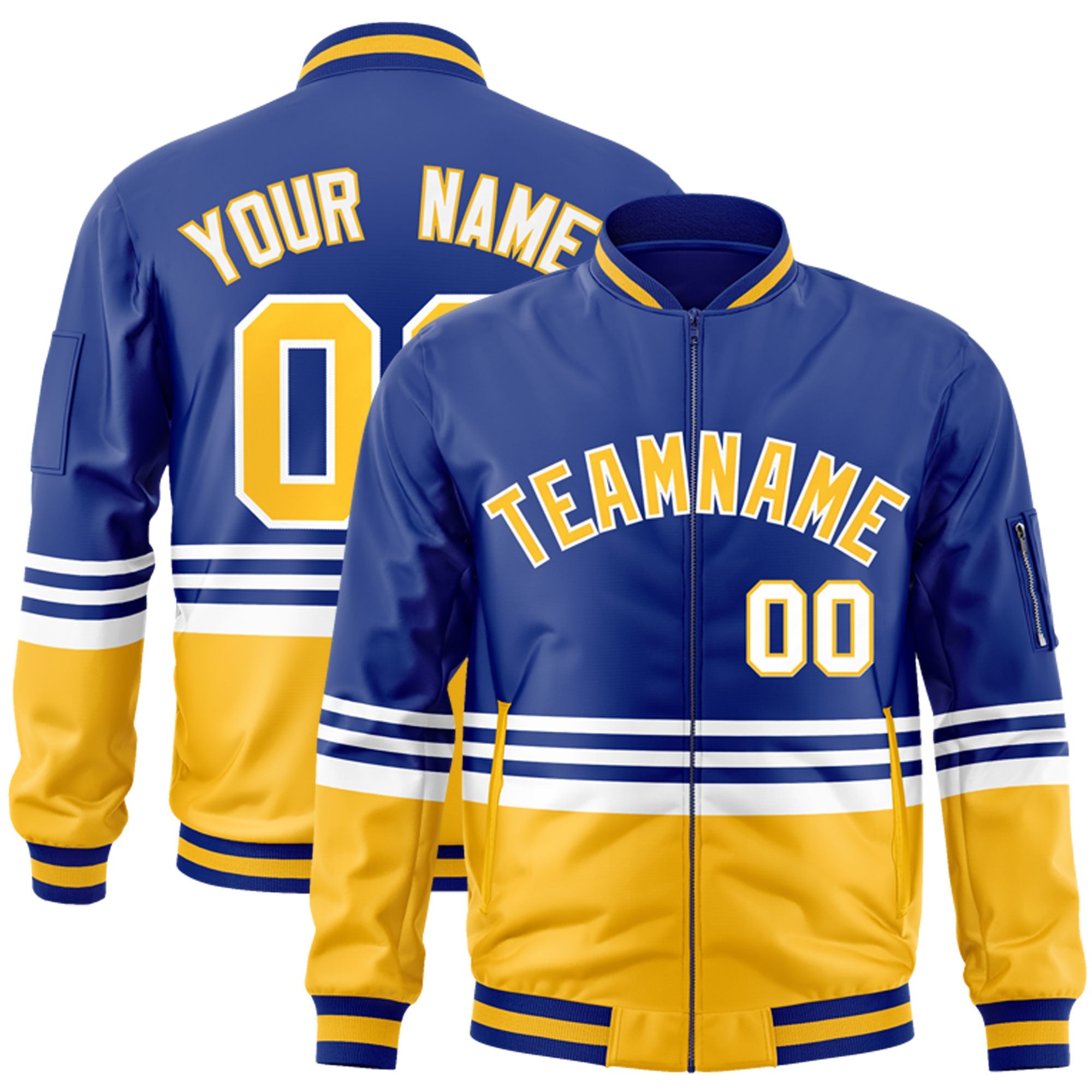 Custom Royal Gold-White Varsity Full-Zip Color Block Letterman Bomber Jacket