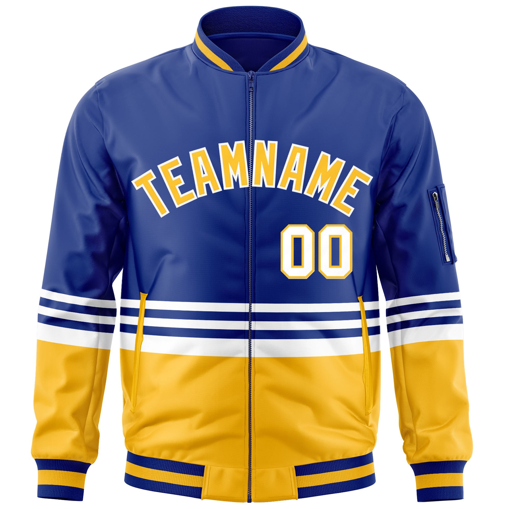 Custom Royal Gold-White Varsity Full-Zip Color Block Letterman Bomber Jacket