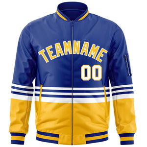 Custom Royal Gold-White Varsity Full-Zip Color Block Letterman Bomber Jacket