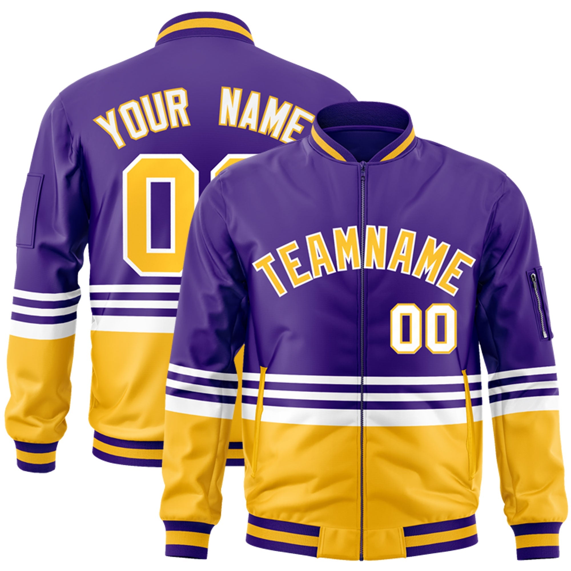 Custom Purple Gold-White Varsity Full-Zip Color Block Letterman Bomber Jacket