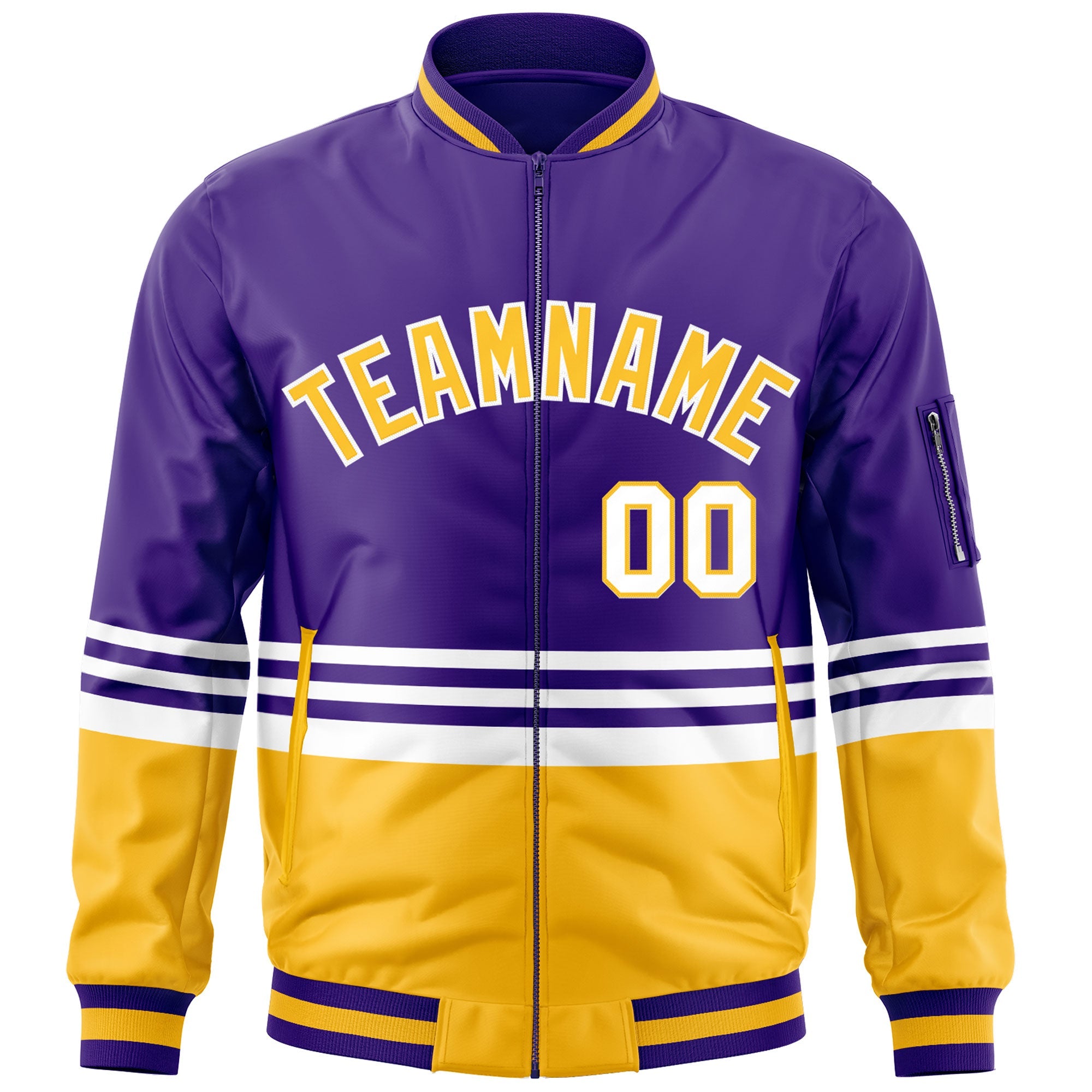 Custom Purple Gold-White Varsity Full-Zip Color Block Letterman Bomber Jacket