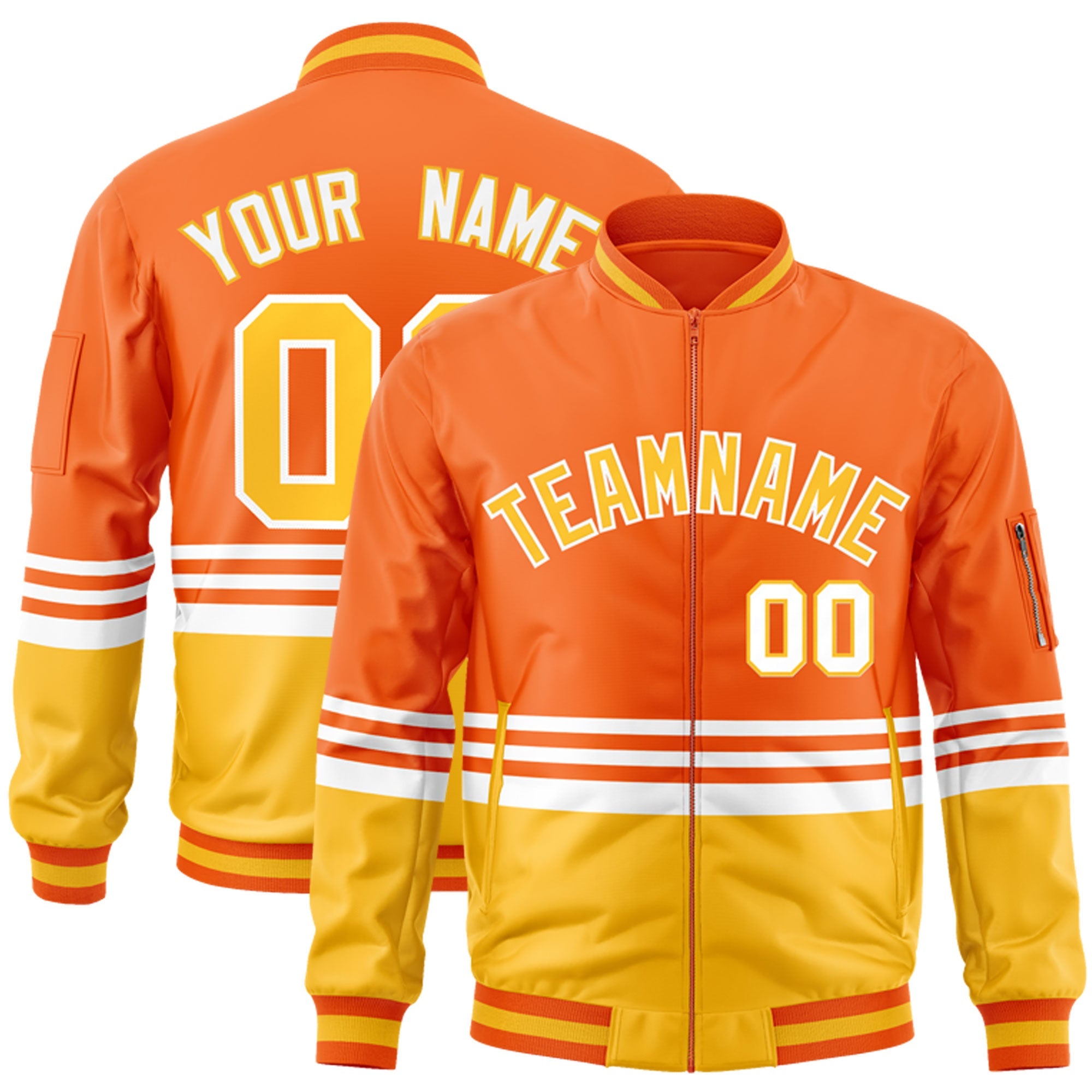 Custom Orange Gold-White Varsity Full-Zip Color Block Letterman Bomber Jacket