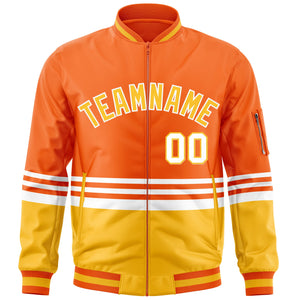 Custom Orange Gold-White Varsity Full-Zip Color Block Letterman Bomber Jacket