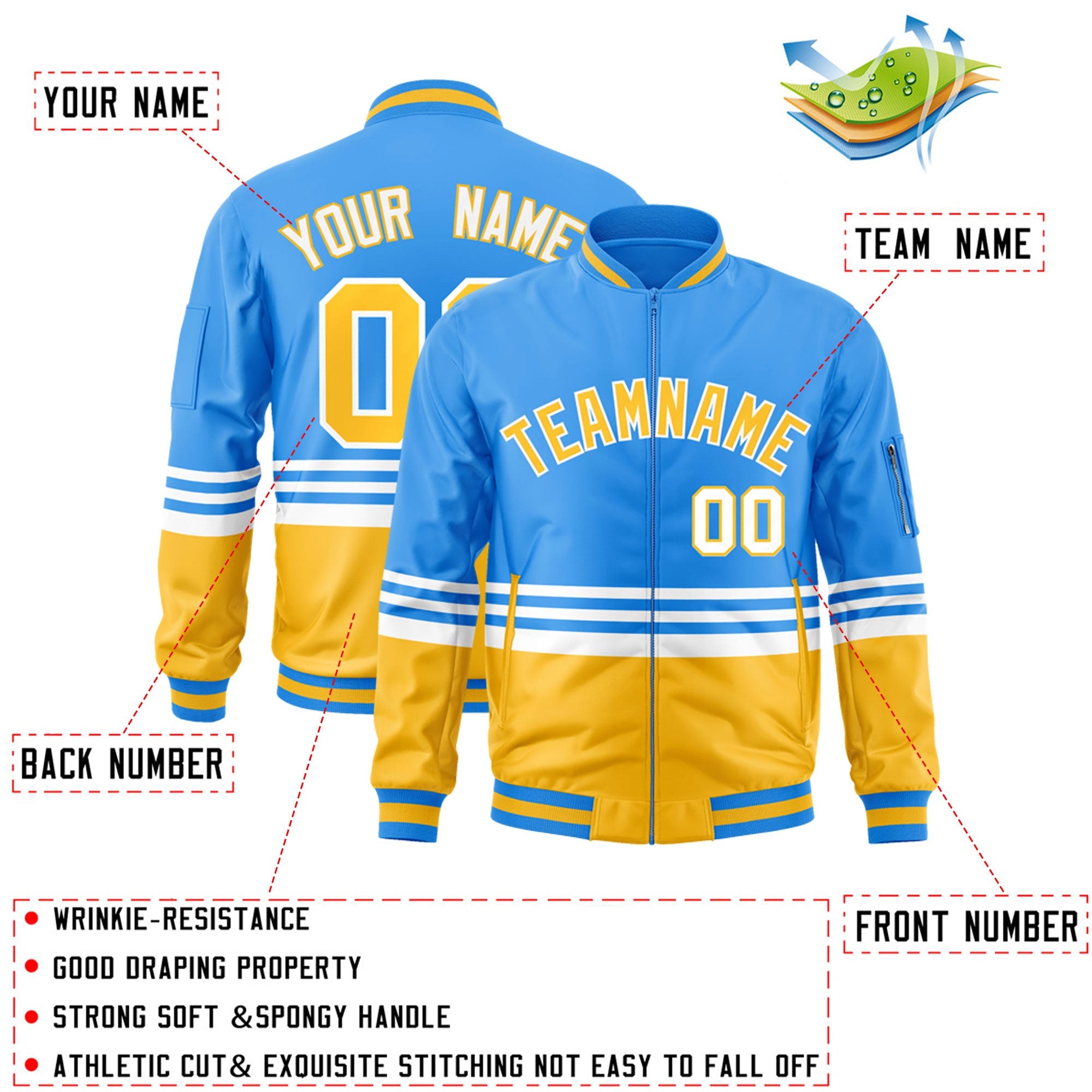 Custom Powder Blue Gold-White Varsity Full-Zip Color Block Letterman Bomber Jacket